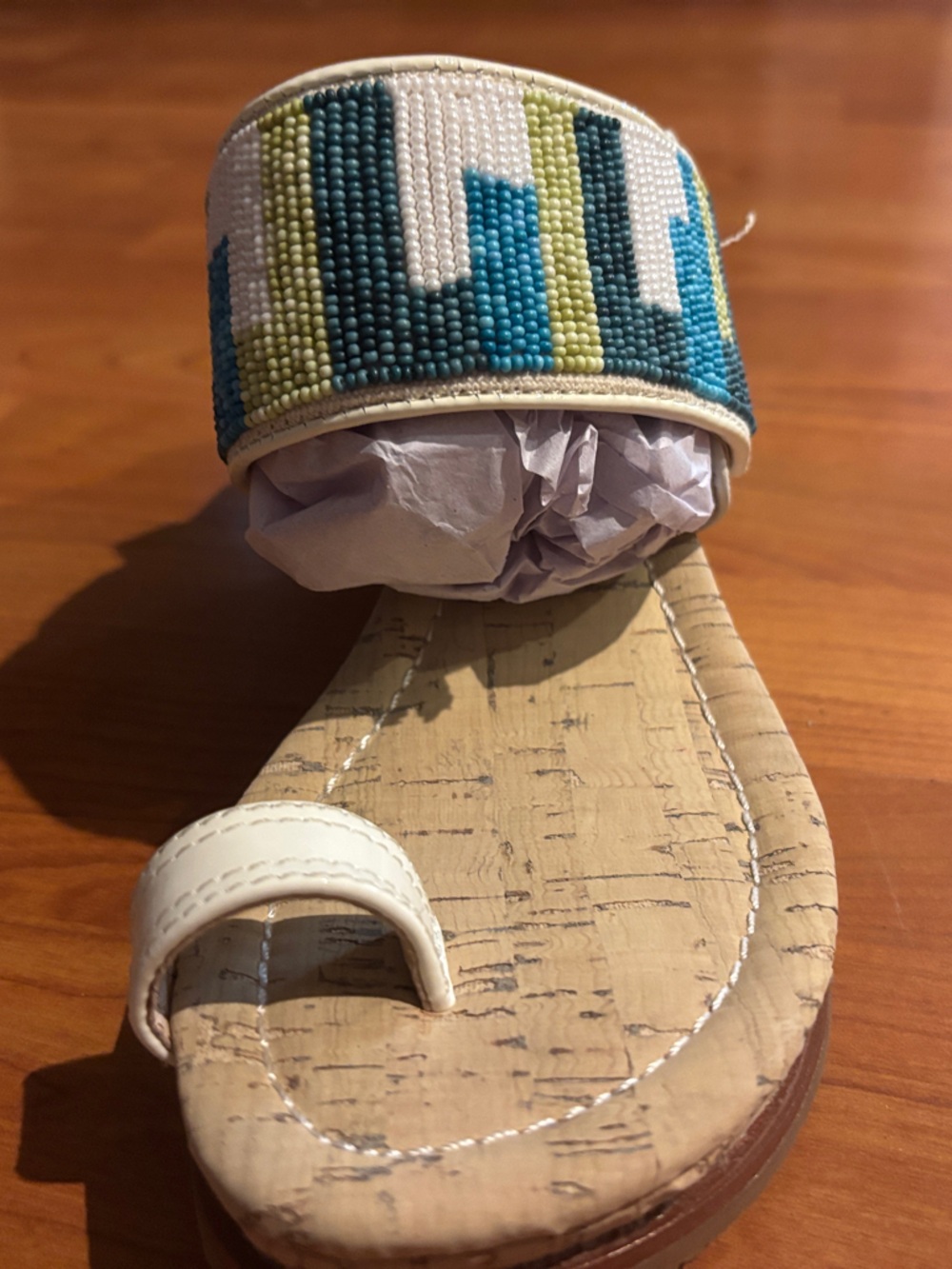 Donald J. Pliner White Wedge Sandals with Blue and Green Beaded Straps